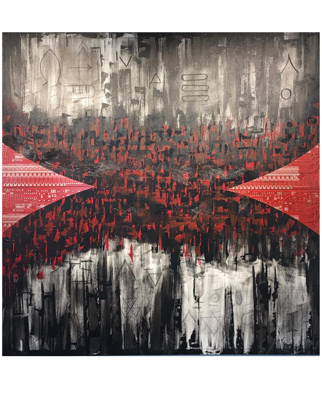 Abstract black, white, and red cityscape artwork